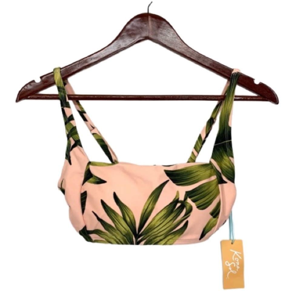 Kona Sol Adjustable Strap Green Tropical Leaf Pink Bikini Top New Nwt Size S 4-6